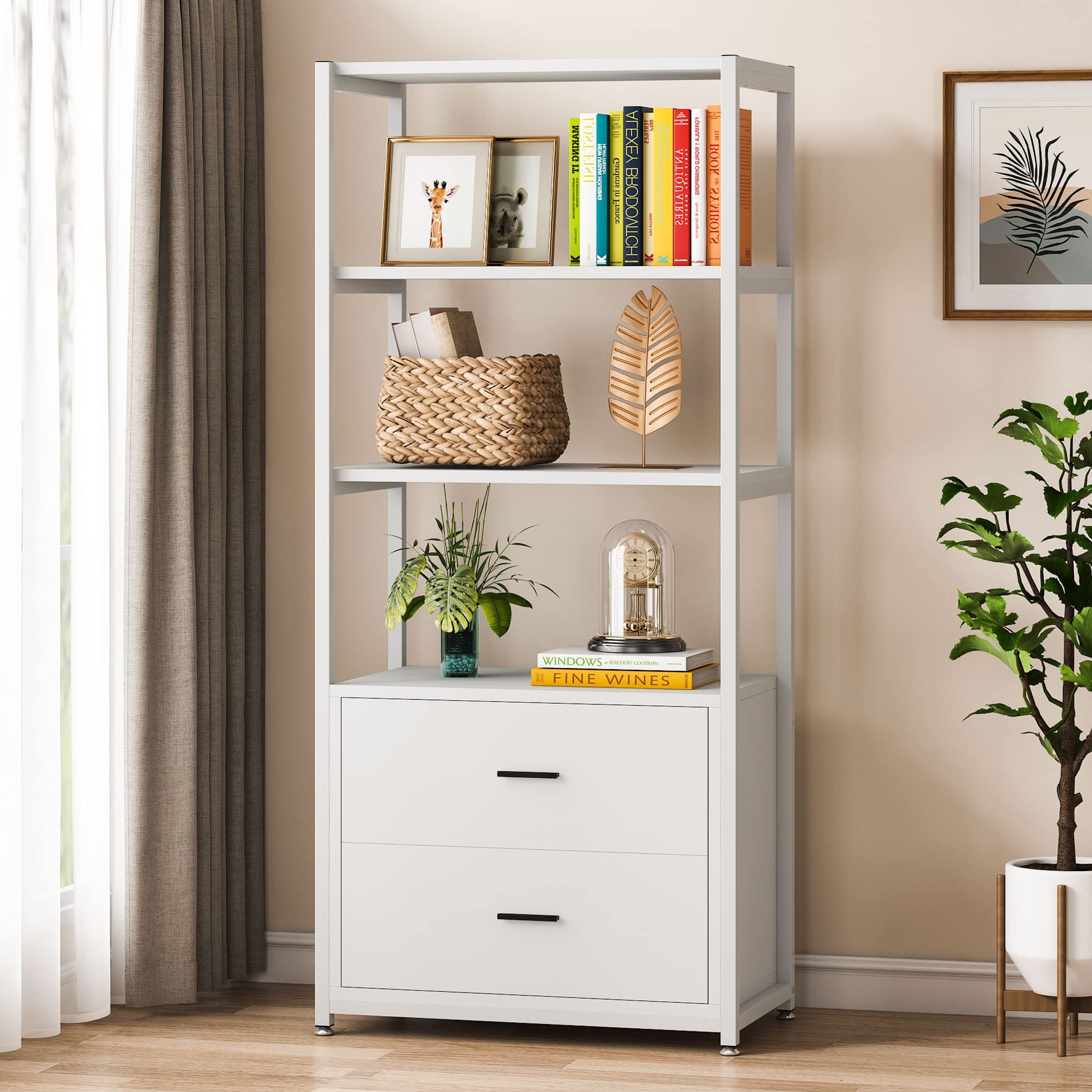 , 4-Tier White Bookshelf with 2 Drawers, Etagere Standard Book Shelves Display Shelf for Home Office (White)