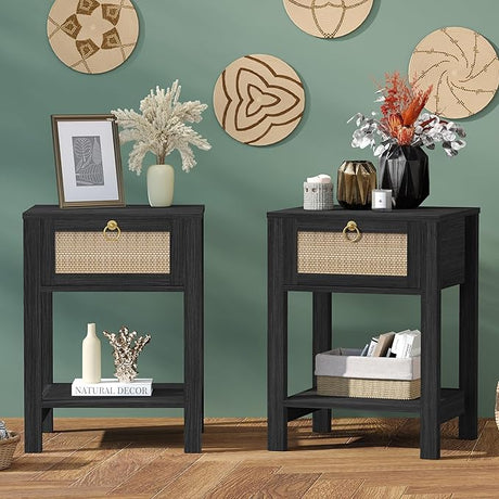 Nightstand Set of 2 - Rattan Decor Drawer with Brass Knobs Night Stand Wood Bedside