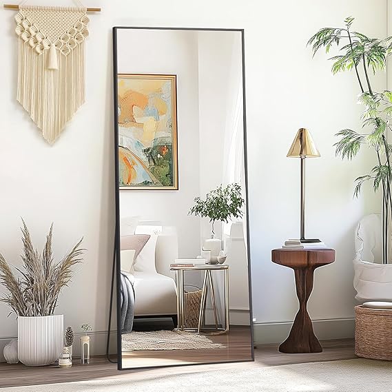 64×21 Inch Large Hanging Wall Mirror - Black Aluminum Frame