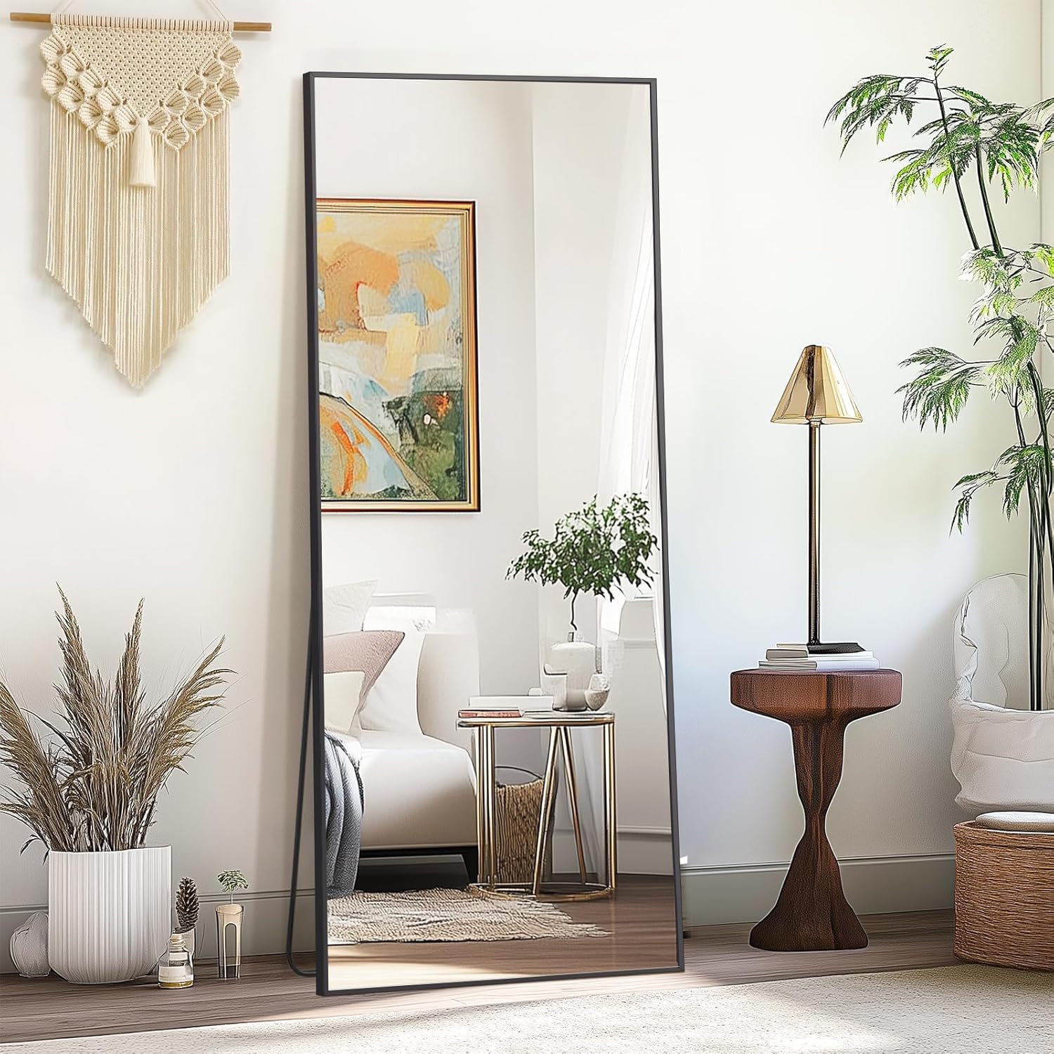 64×21 Inch Large Hanging Wall Mirror - Black Aluminum Frame