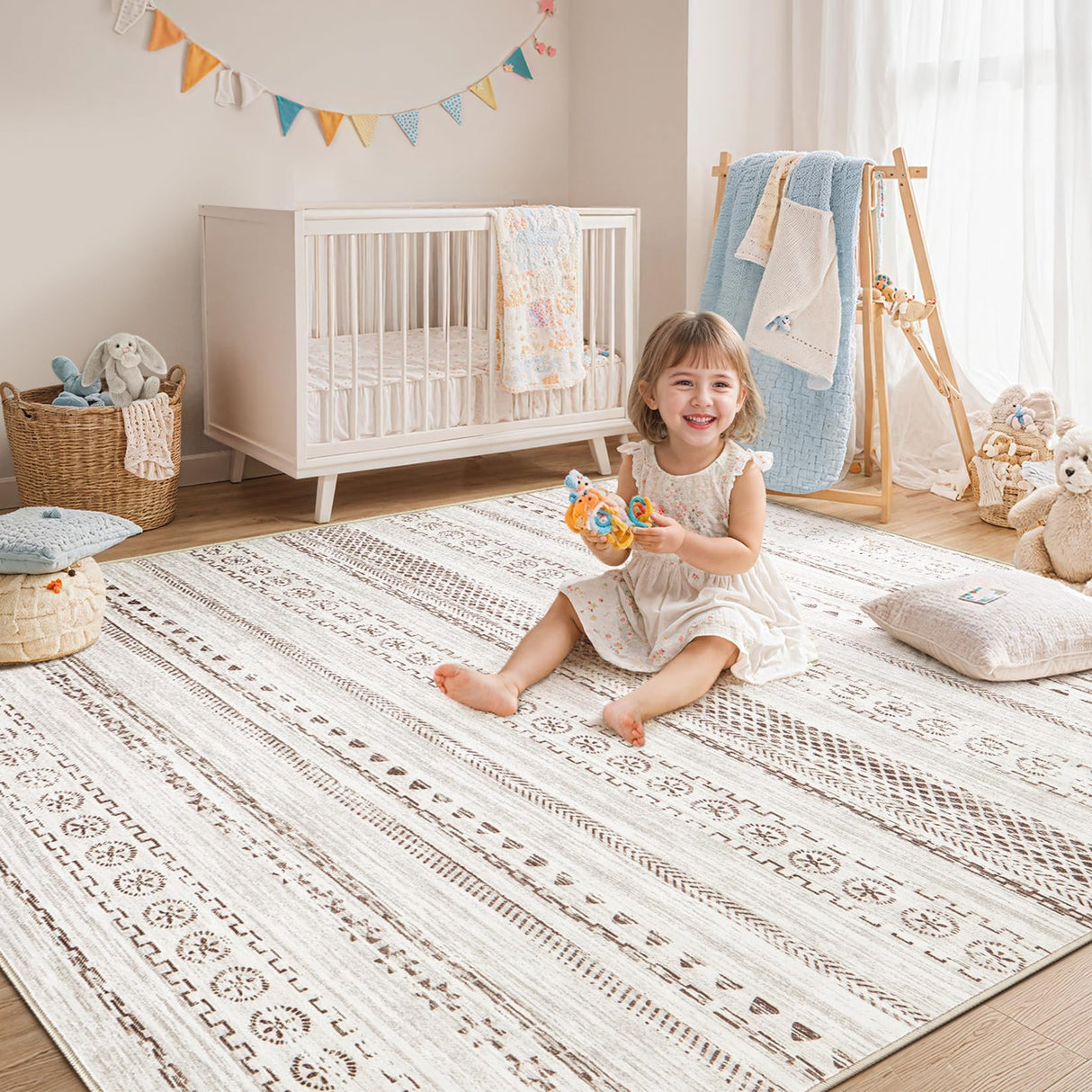 Area Rug Living Room Rugs - 9x12 Washable Boho Farmhouse Bohemian Neutral Large Rug Moroccan Geometric Soft No Slip Indoor Thin Floor Carpet for Bedroom Under Dining Table Home Office - Brown