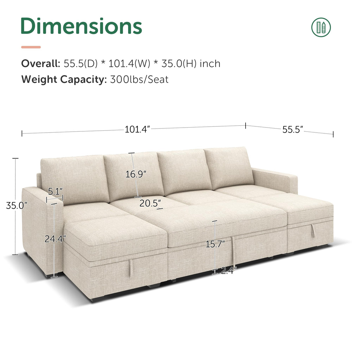 Modular Sectional Sleeper Sofa Bed, Sectional Couch with Pullout Bed U Shaped Modular Couch