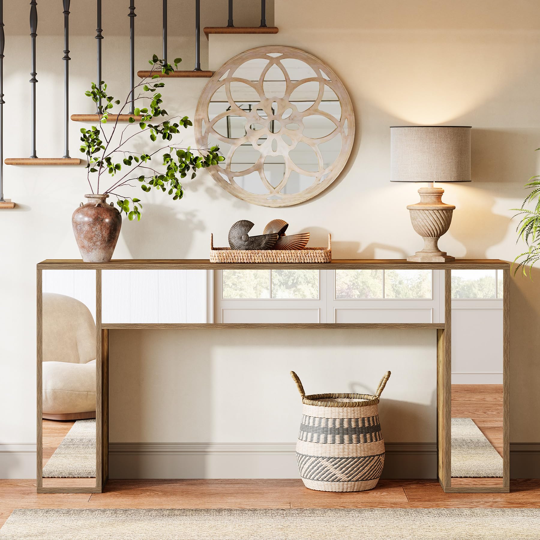 63-Inch Mirrored Console Table for Entryway, Farmhouse Wood Sofa Table Behind Couch