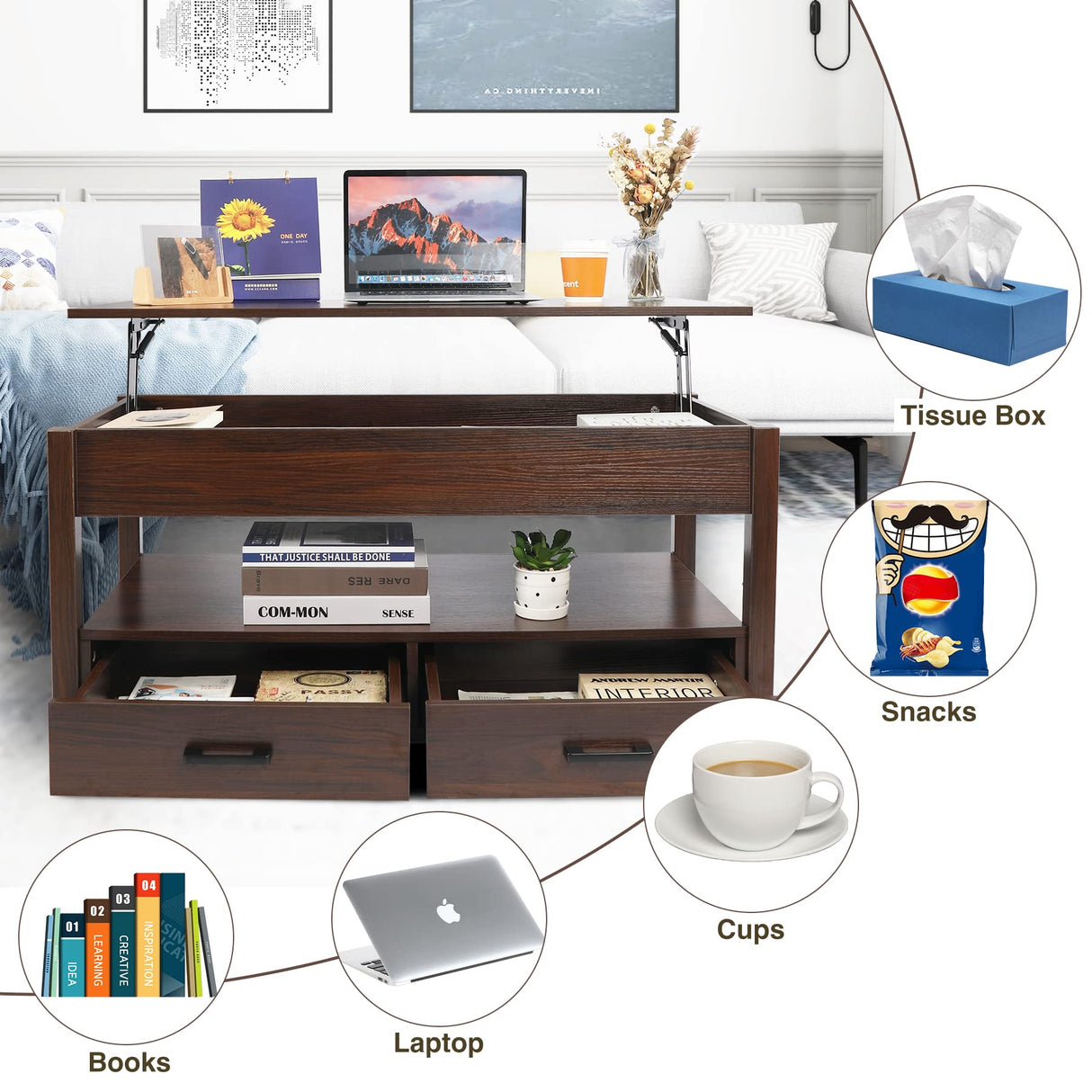 Lift Top Coffee Table with Storage,Lift Tabletop with Drawers and Hidden Compartment