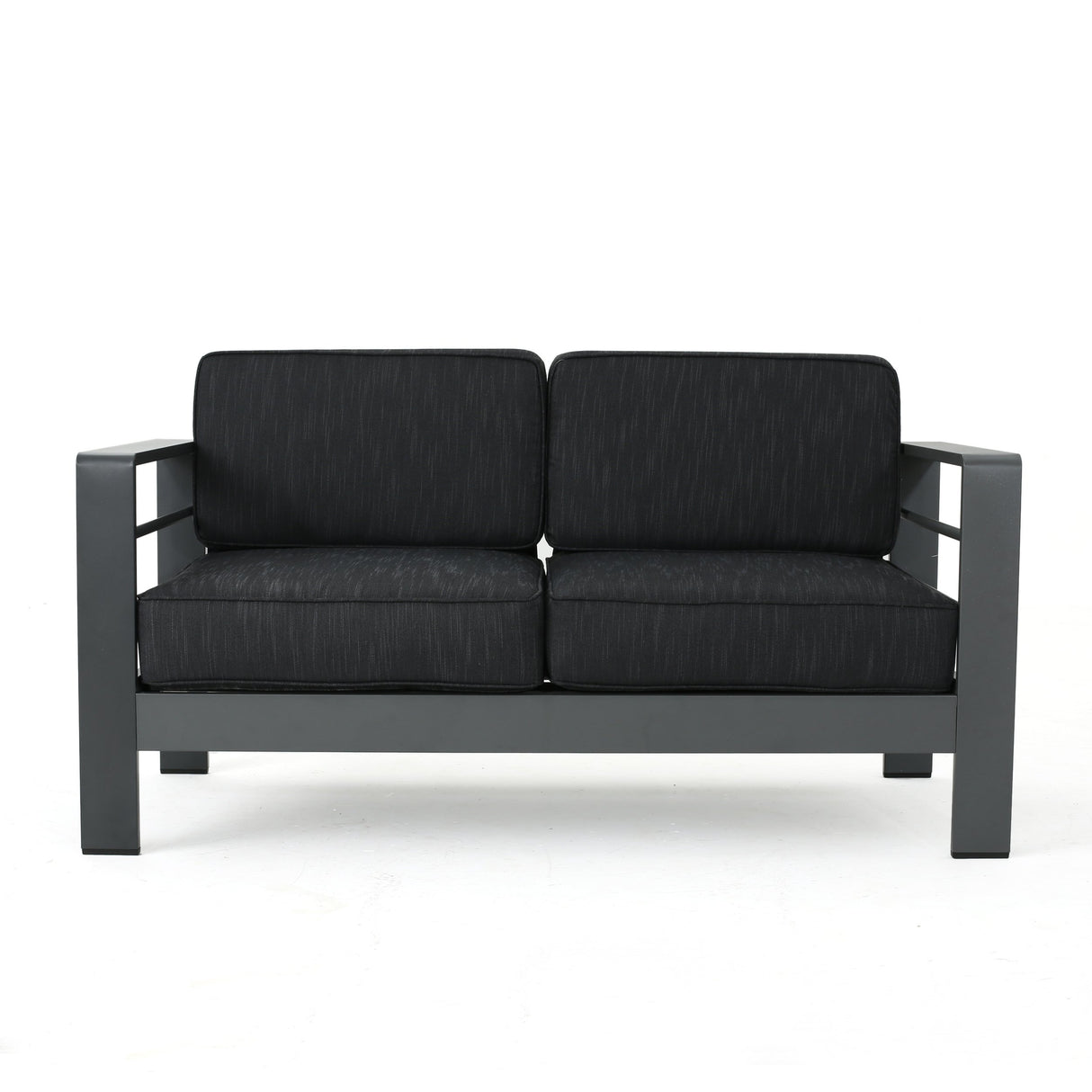 Cape Coral Outdoor Modern Fabric Patio Aluminum Loveseat Sofa, Gray/Dark Gray