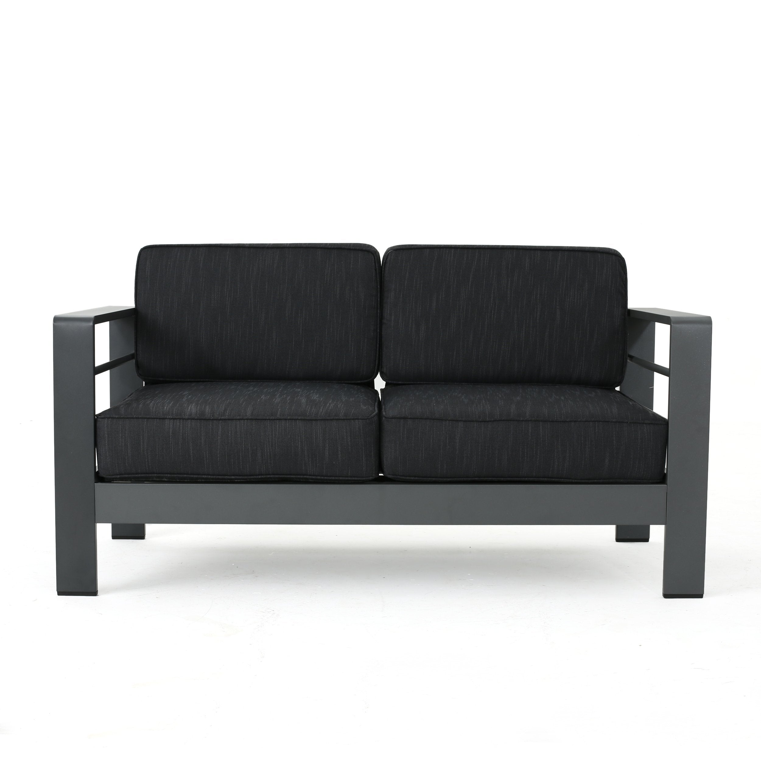 Cape Coral Outdoor Modern Fabric Patio Aluminum Loveseat Sofa, Gray/Dark Gray