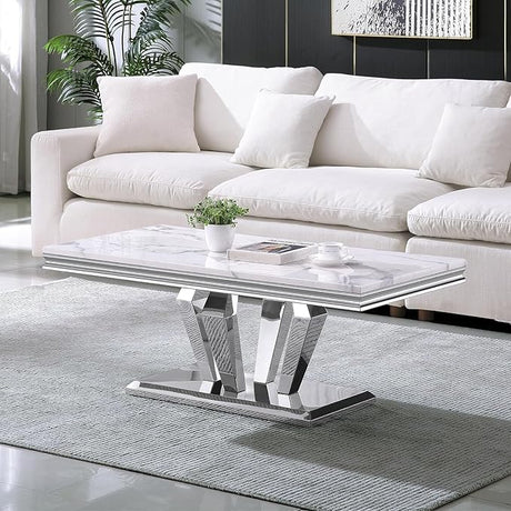 47 inch White Marble Coffee Table with Mirrored Stainless Steel Metal Legs