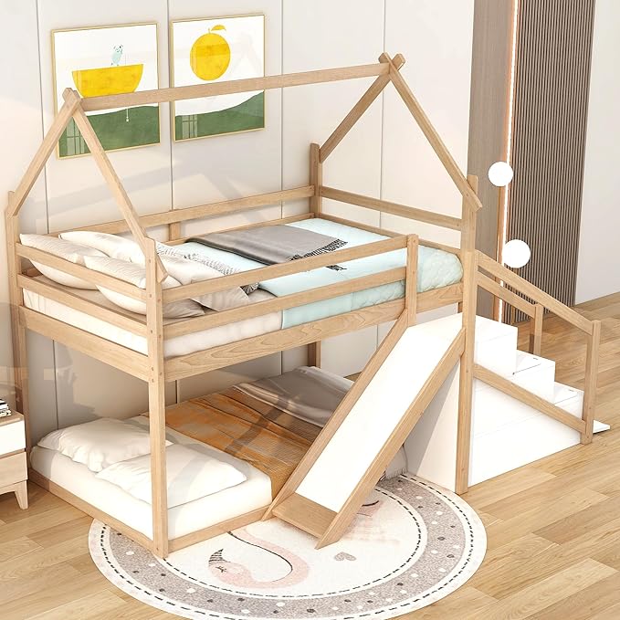 with Stairs,Twin Over Twin Bunk Bed with 2 Blackboard and Storage Shelves,Wood