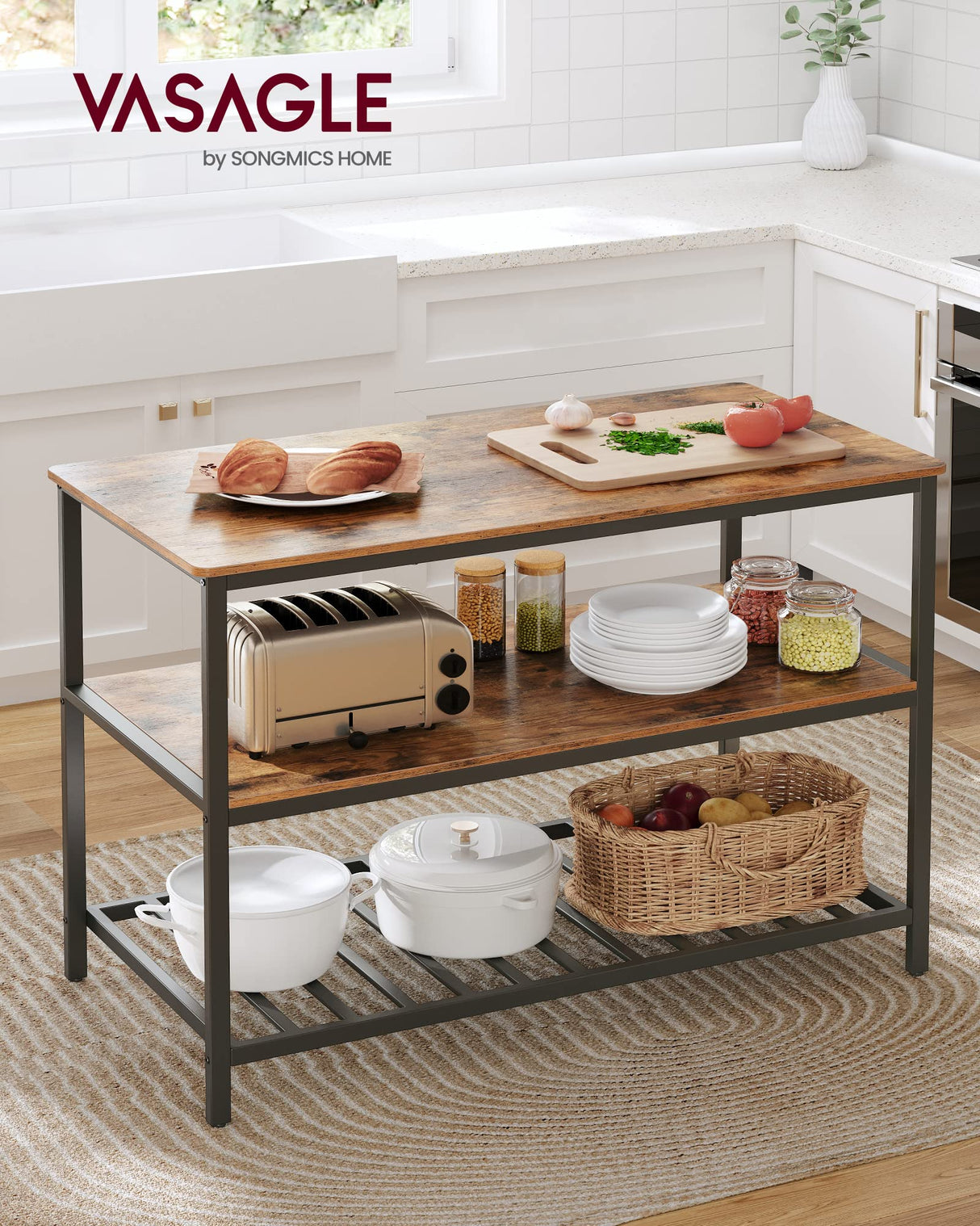 Kitchen Island with 3 Shelves, 47.2 Inches Kitchen Shelf with Large Worktop