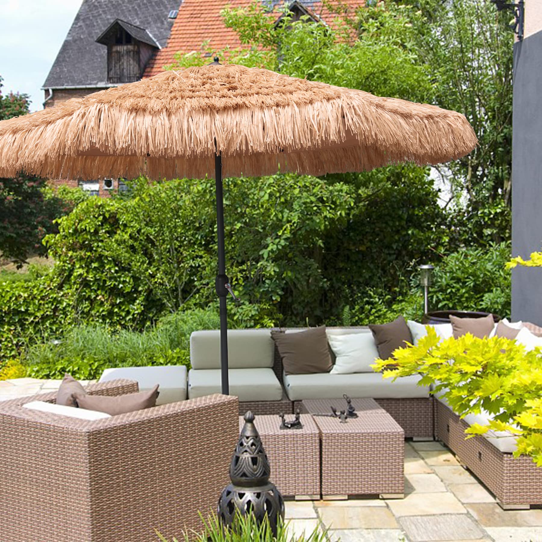 9ft Hula Thatched Tiki Umbrella Hawaiian Style Beach Patio Umbrella and 8 Ribs