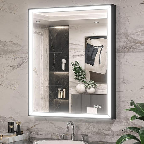 Black LED Bathroom Mirror 40” x 30” with Frontlit, 3X Ultra Brightness, 45° Angled Light,