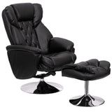 Wills Transitional Multi-Position Recliner and Ottoman with Chrome Base in Black Leather