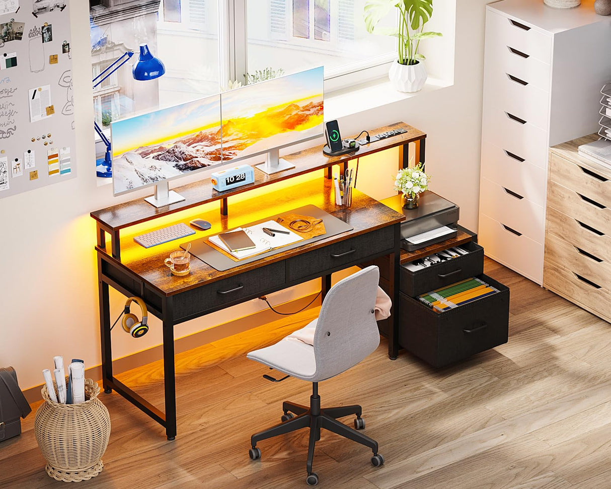 55-Inch Computer Desk with File Cabinet and Fabric Drawers, Reversible Office Desk