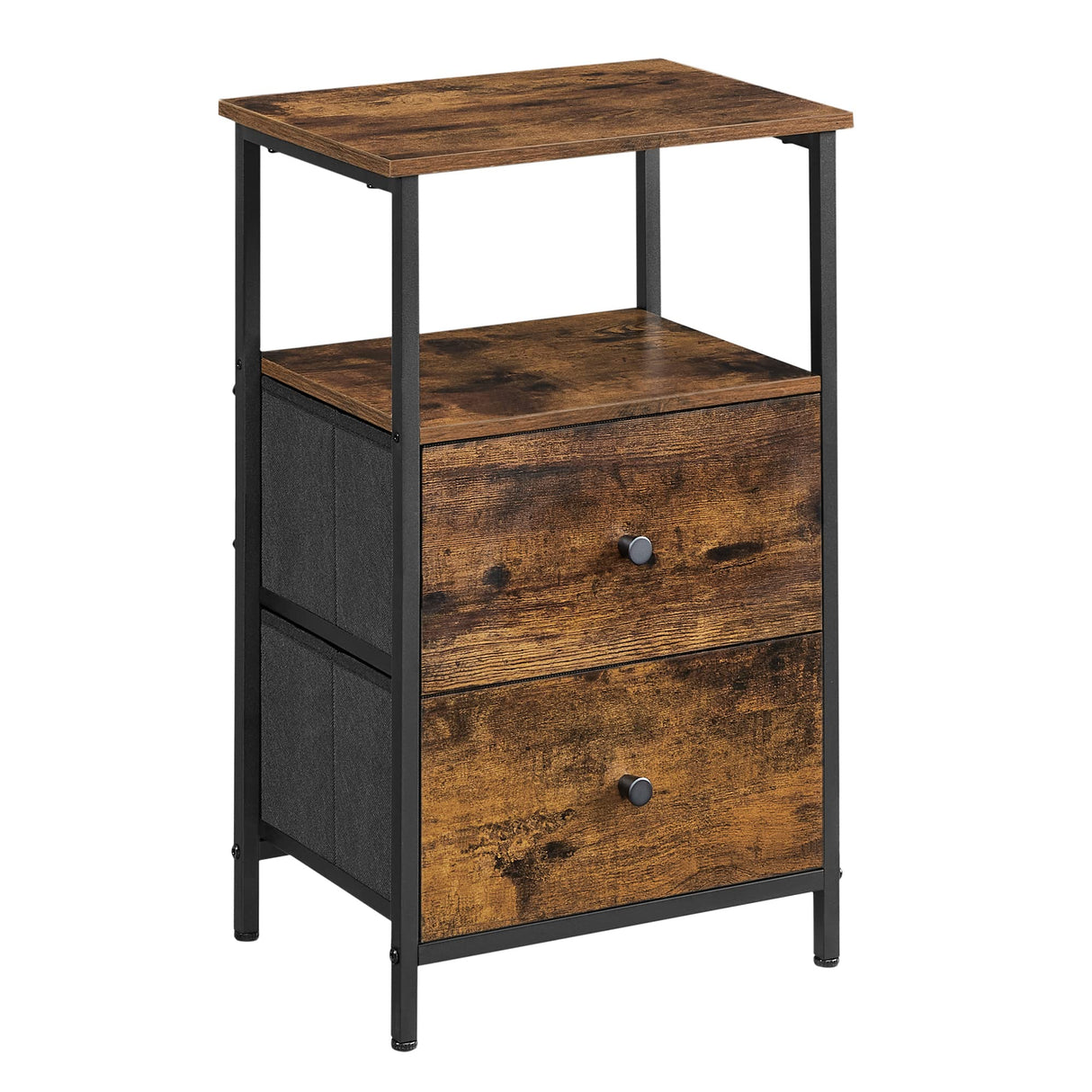 Nightstand, 24-Inch Tall Side Table with 2 Fabric Drawers and Storage Shelf