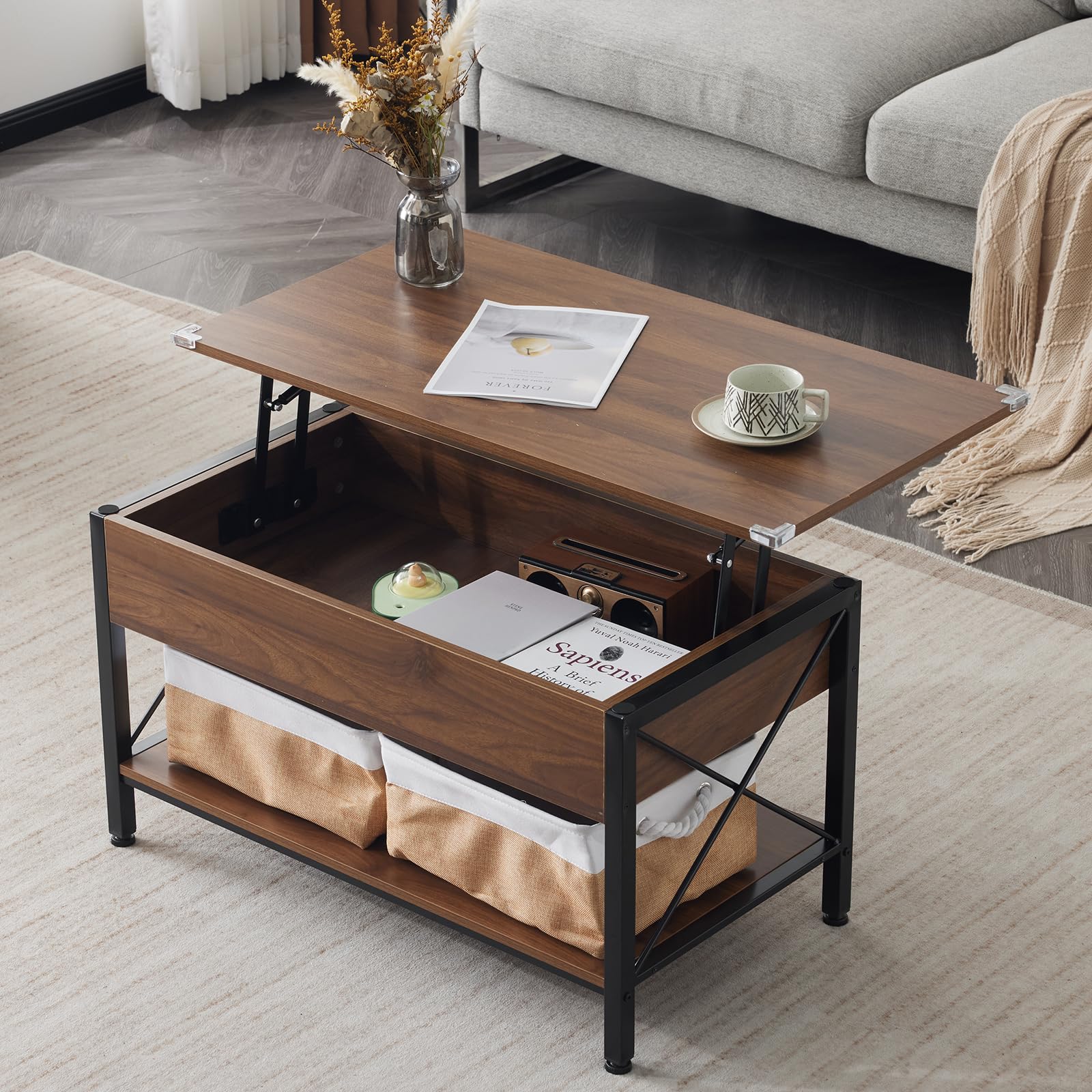 36" Lift Top Coffee Table with Storage, Rustic Espresso Coffee Table