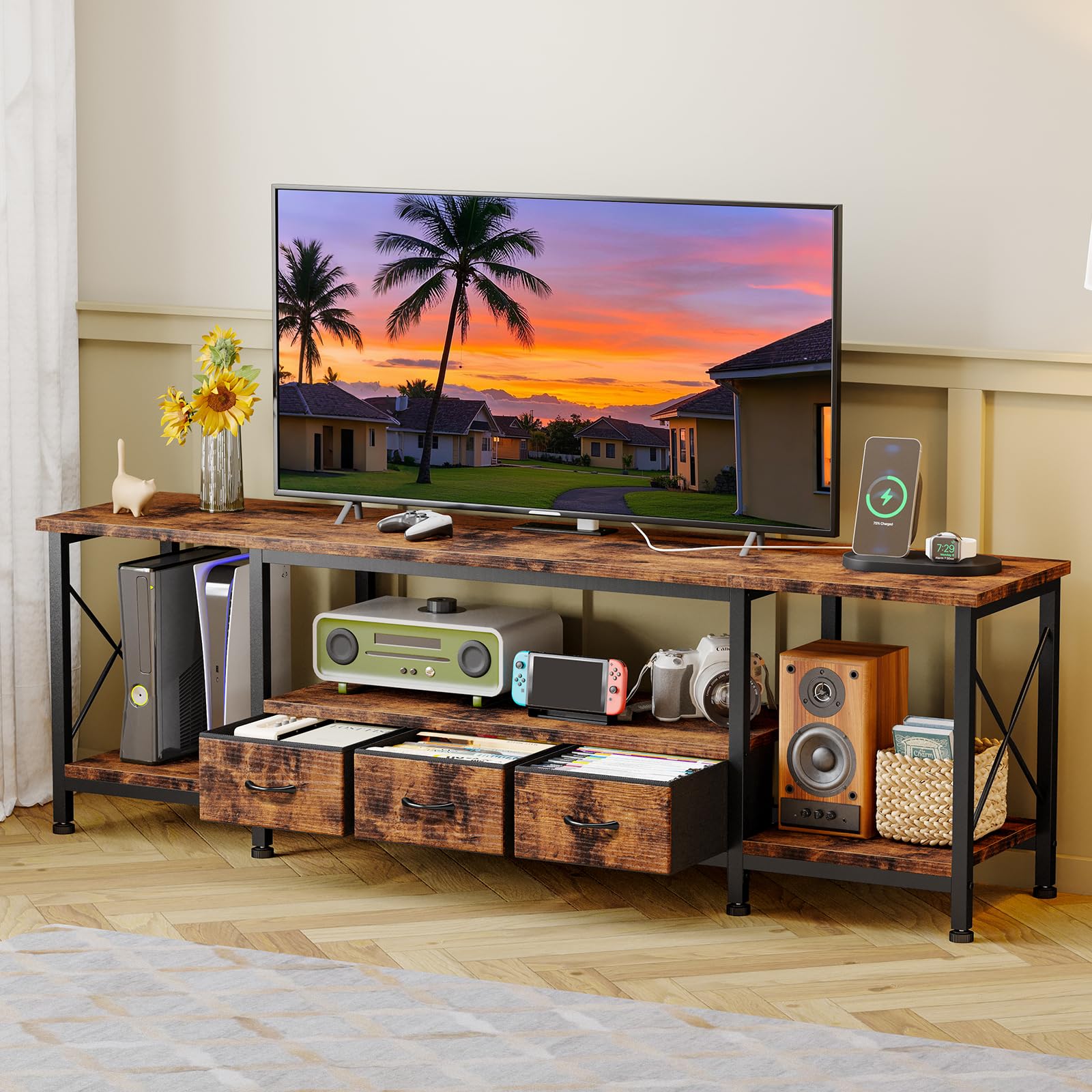 63" Rustic Brown TV Stand with Power Outlets and Storage