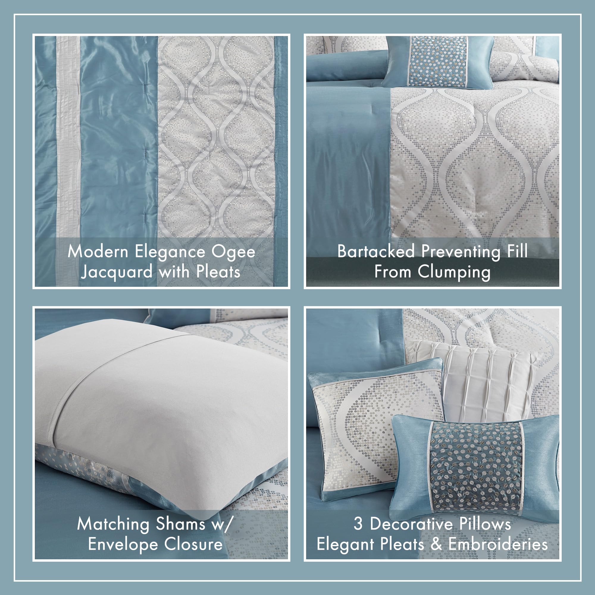 Jacquard Queen Comforter Set - Ogee Print with Pleated Trims - 6 Piece Bedding Set
