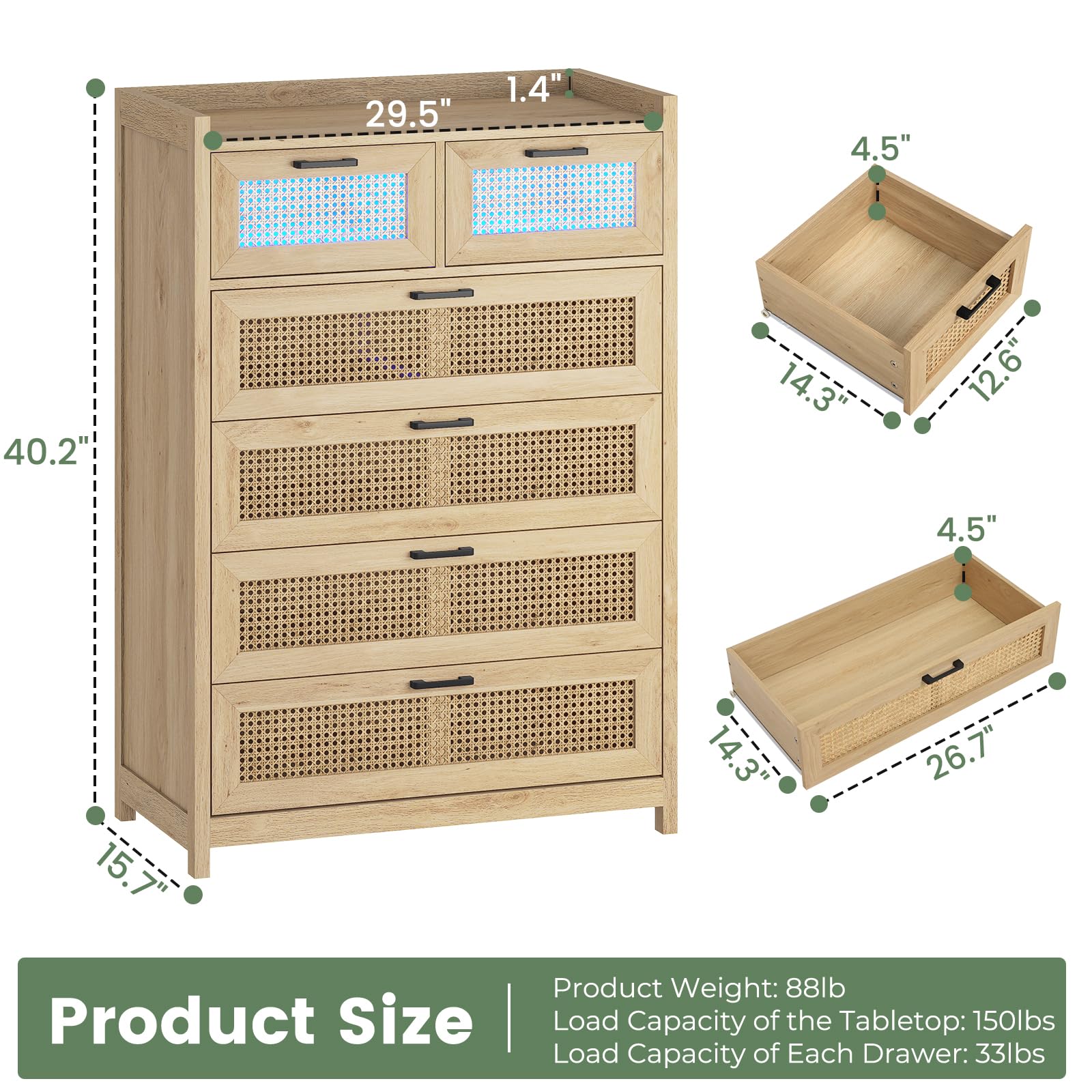 6 Drawer Dresser for Bedroom, Natural Rattan Wood Dressers with Led Light,
