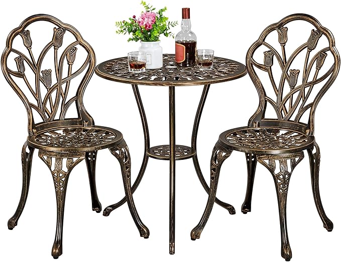 Bistro Sets 3 Piece Cast Aluminum Bistro Table and Chairs Set, Cast Aluminum Bistro Table