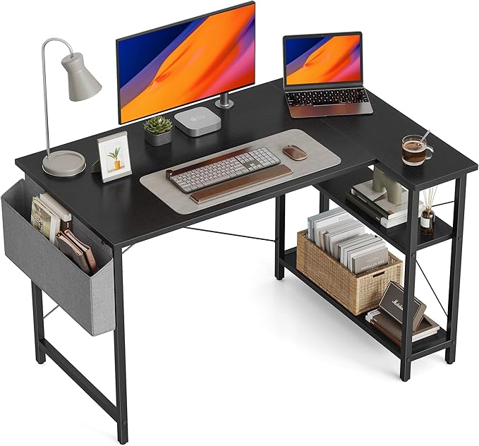 L Shaped Desk, 40 Inch Computer Desk with Reversible Storage Shelves Home Office Corner Desk Study Writing Table, Deep Brown