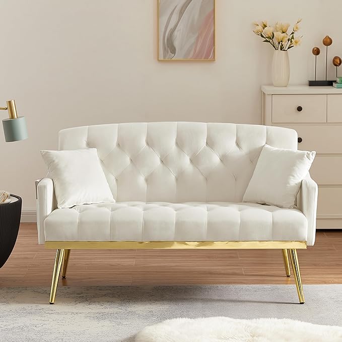 55-Inch Modern Velvet Loveseat Sofa with Gold Metal Legs & Side Pockets