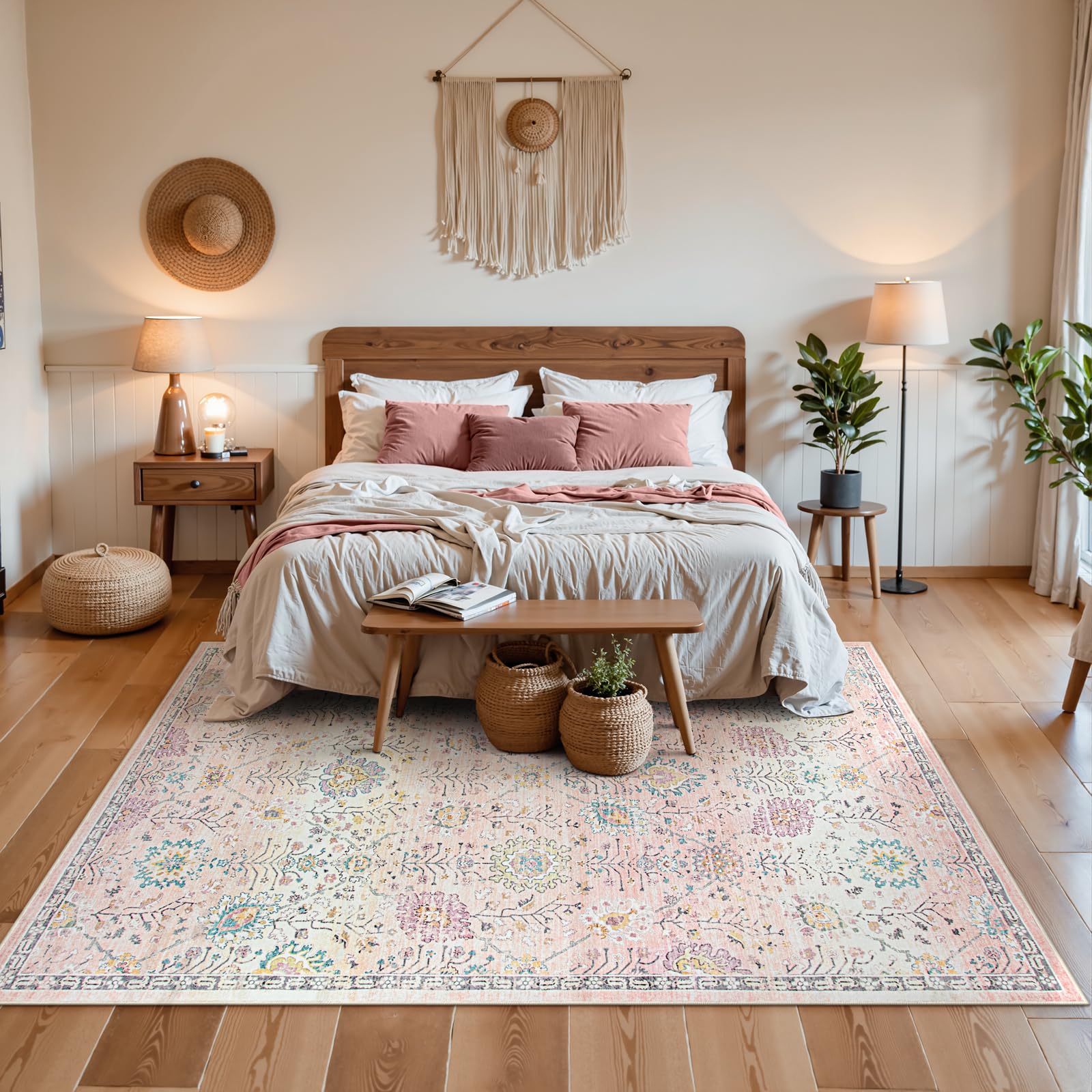 Pink Boho Area Rug, 8x10 Pink Rugs for Bedroom Girls Large Living Room Area Rugs