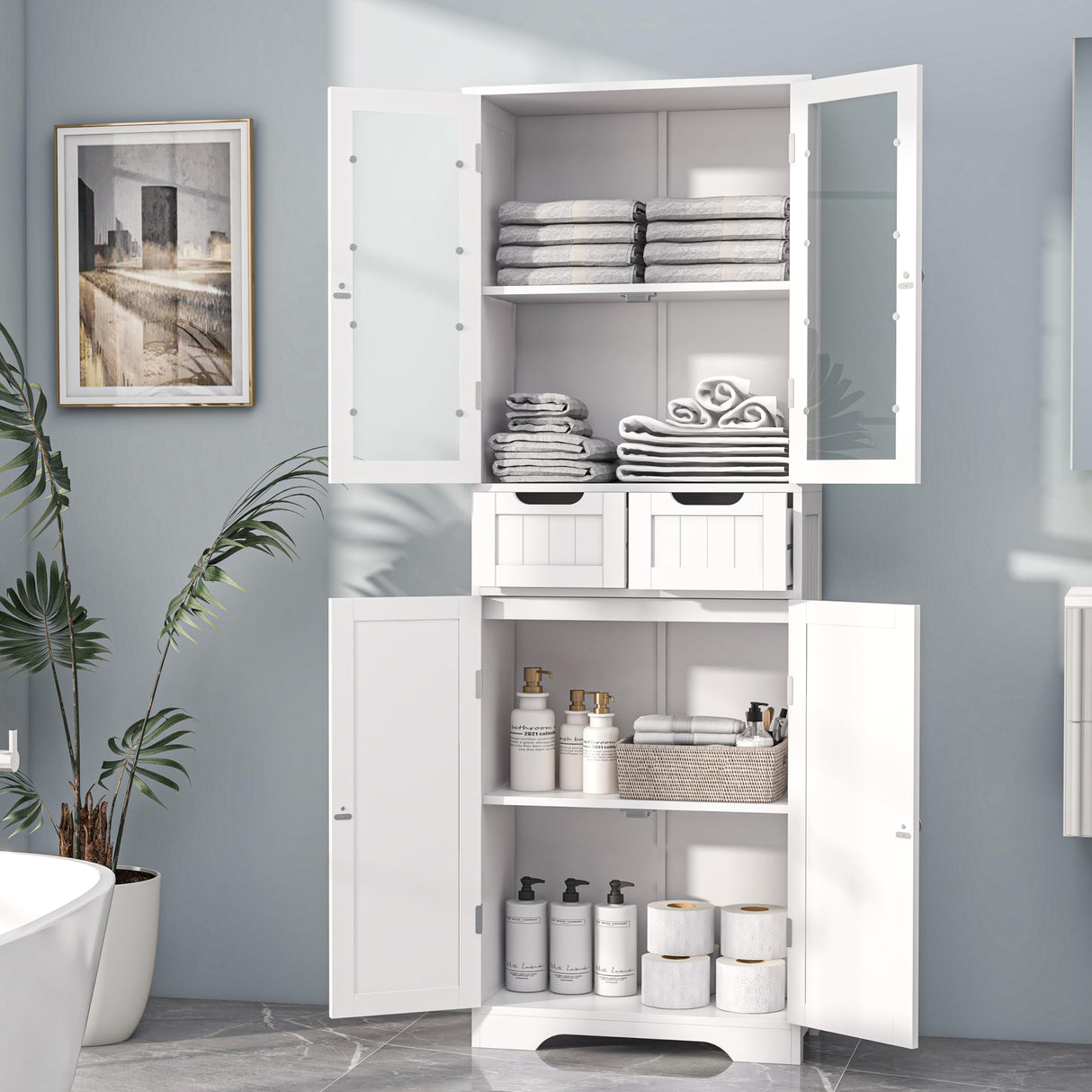 67" Tall Bathroom Storage Cabinet, Freestanding Linen Cabinet with Glass Doors