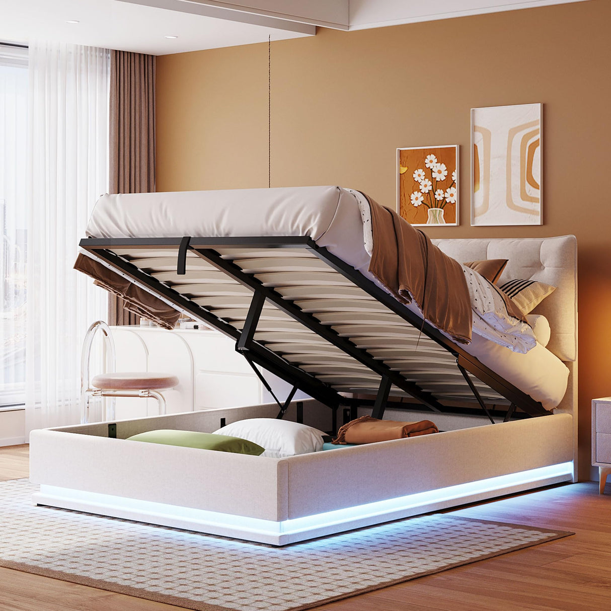 Full Size Upholstered Bed with Hydraulic Storage System and LED Light, Modern Platform