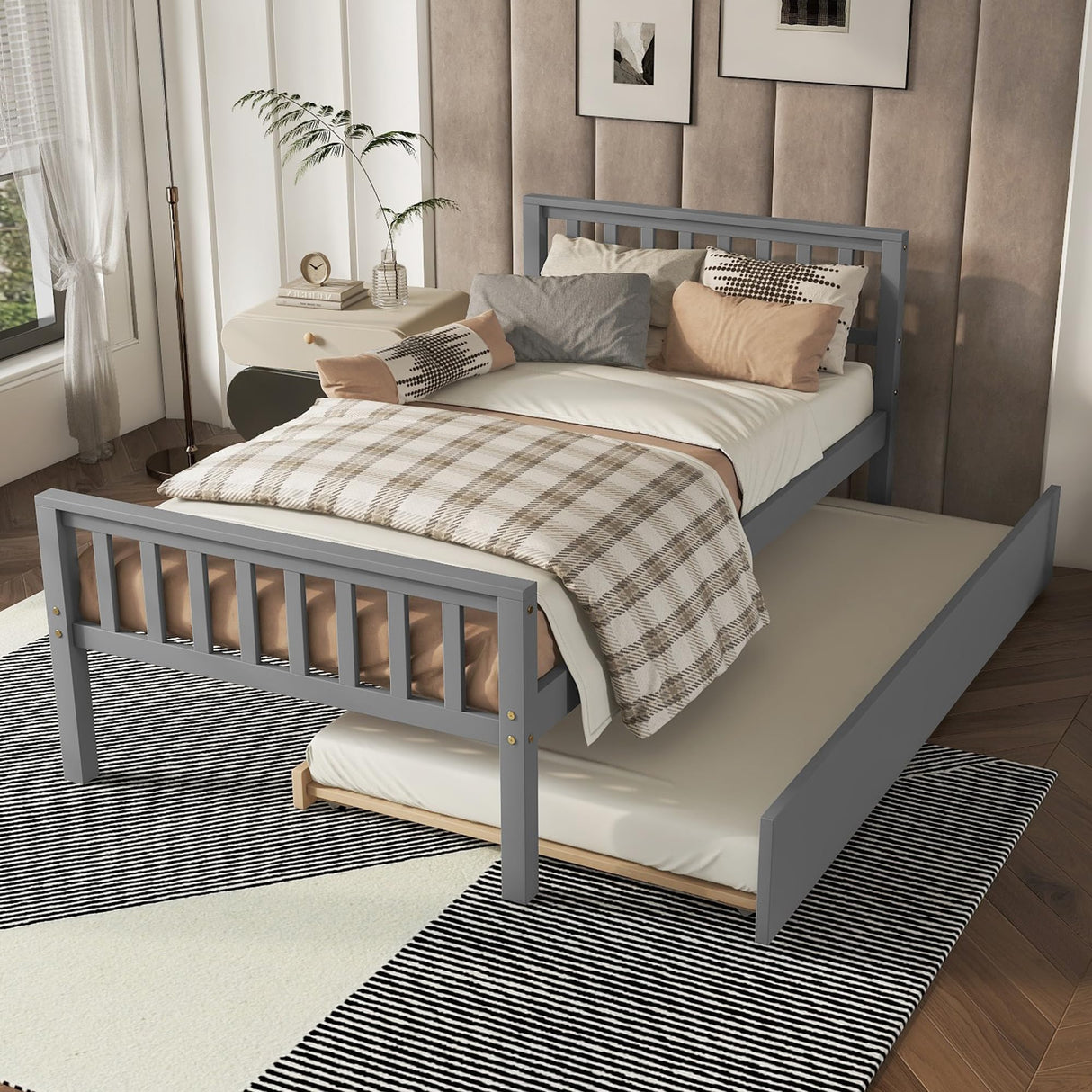 Wood Platform Bed Frame with Headboard and Footboard, Twin Bed Frame with Trundle