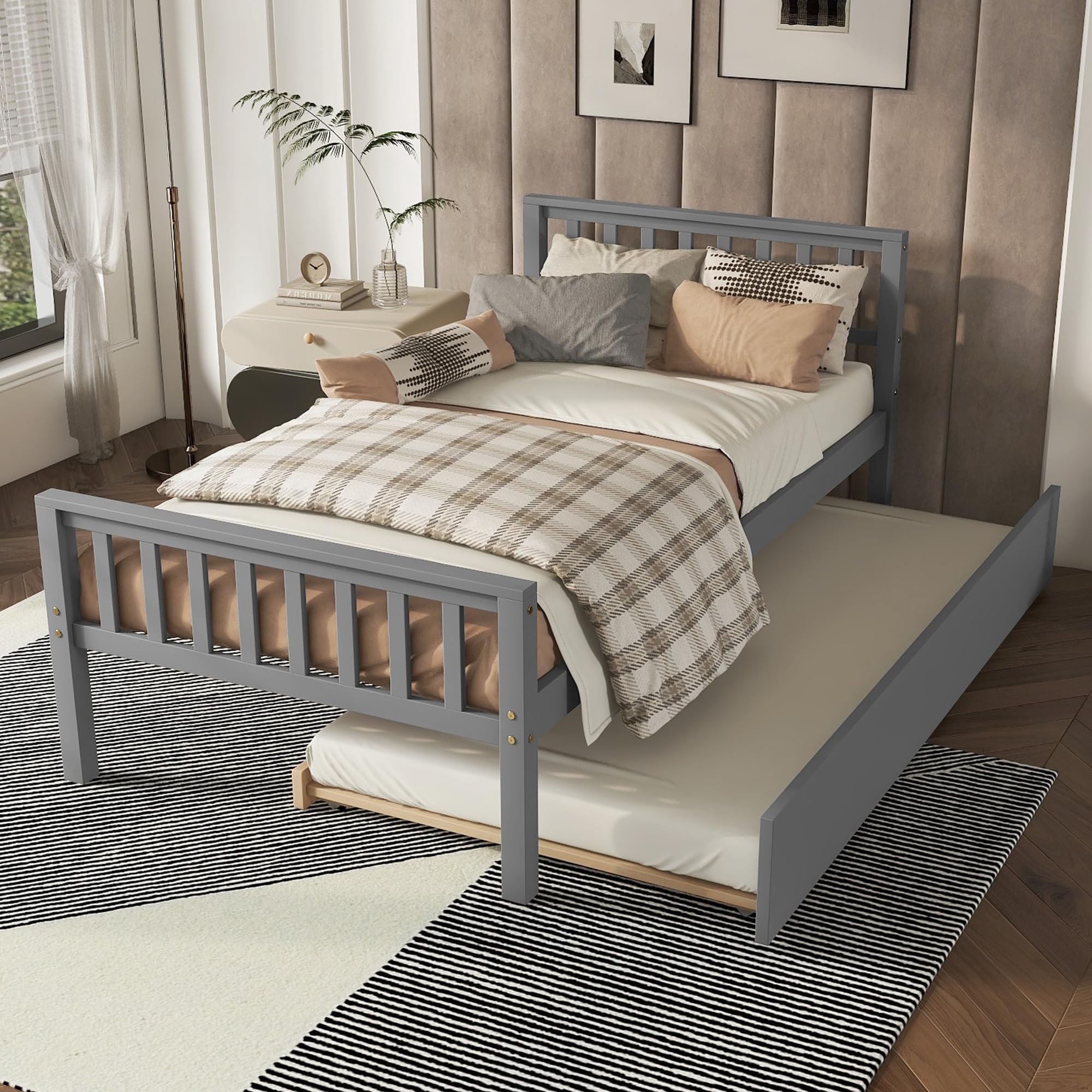 Wood Platform Bed Frame with Headboard and Footboard, Twin Bed Frame with Trundle