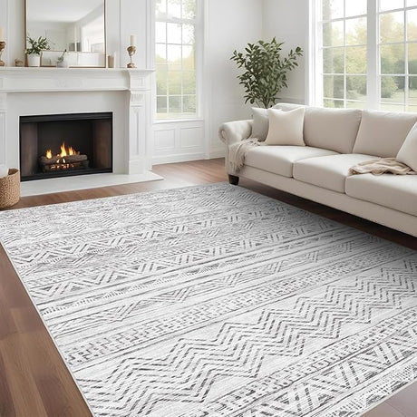 Abstract 8x10 Area Rug: Retro Soft Washable Non-Slip Neutral Area Rugs for Living Room