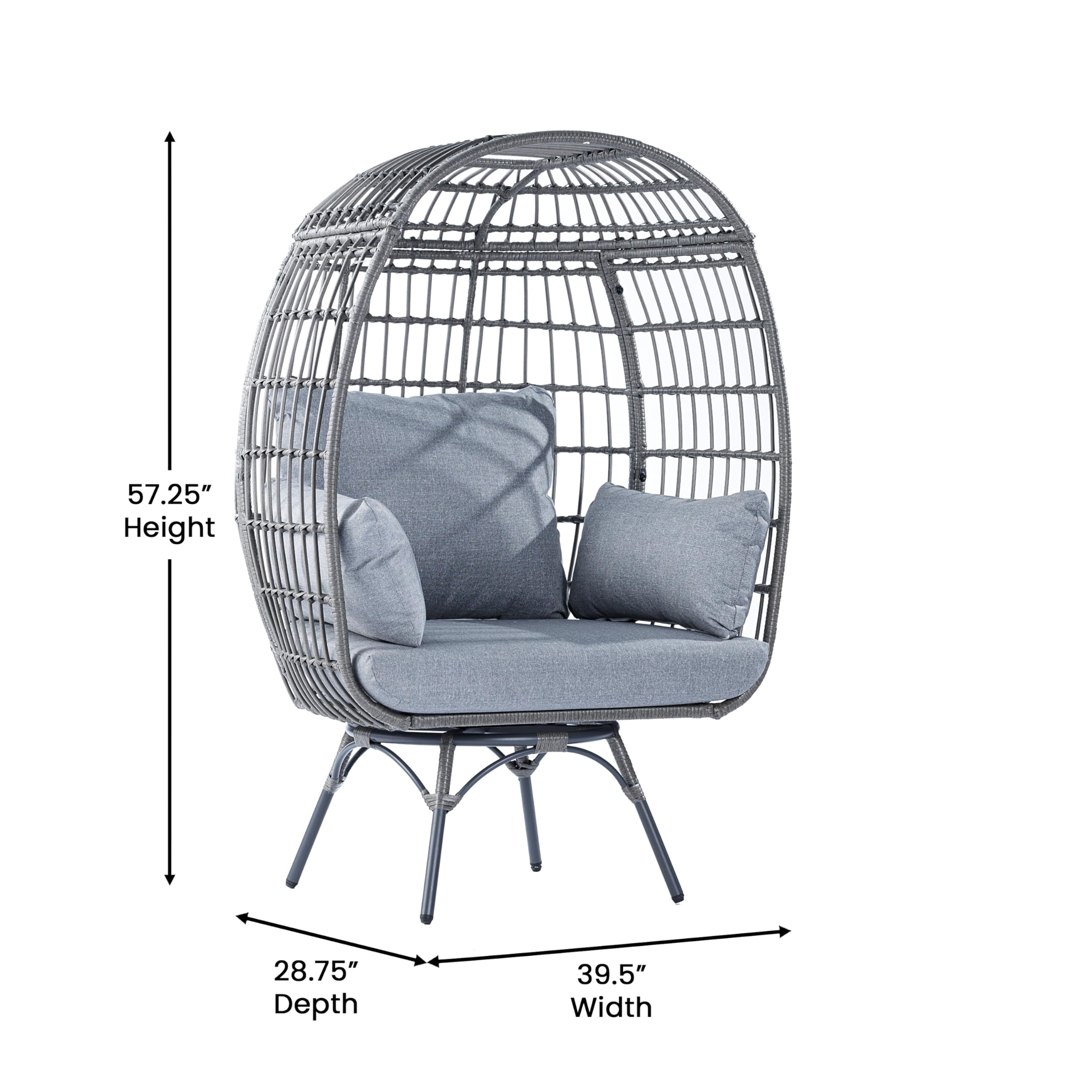 Commercial Indoor/Outdoor Swivel Lounge Chair, Oversized Wicker Egg Chair, 360 Degree Swivel, High Back, 4 Cushions, Gray