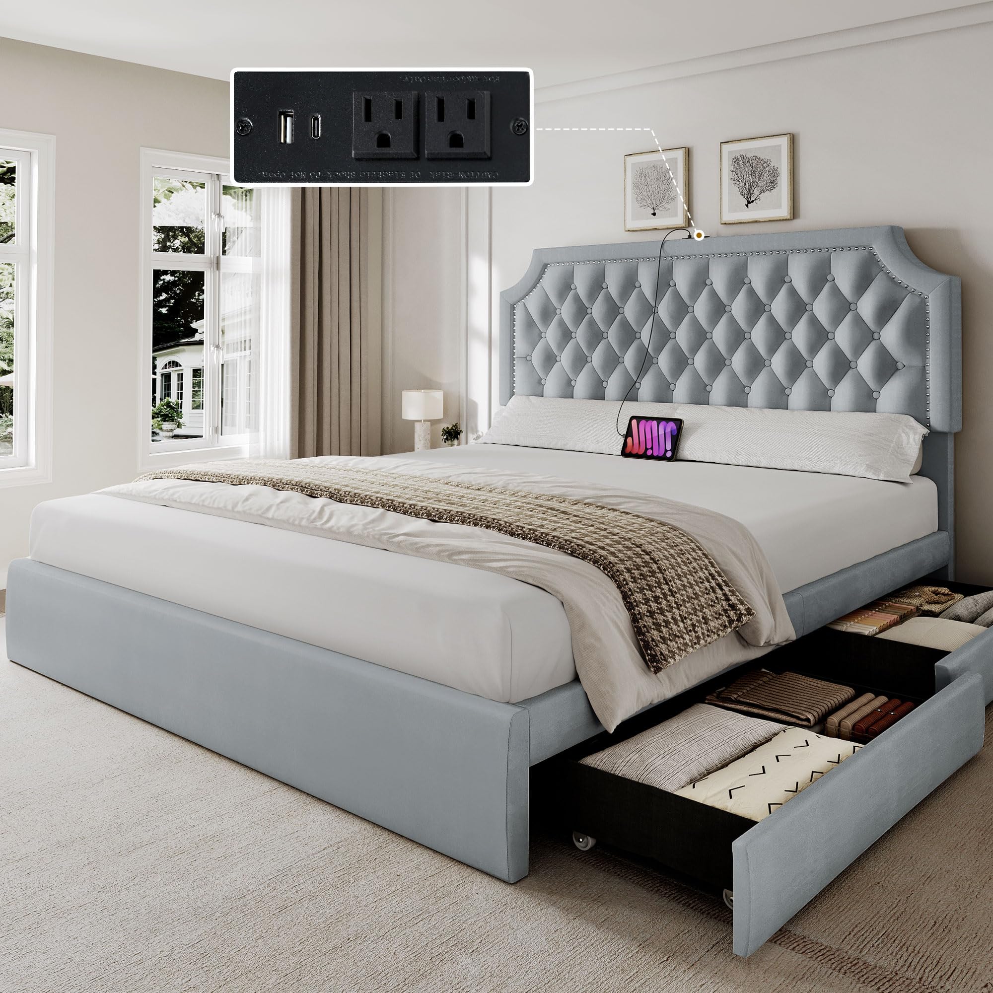 Queen Bed Frame with Storage Drawers and Charging Station