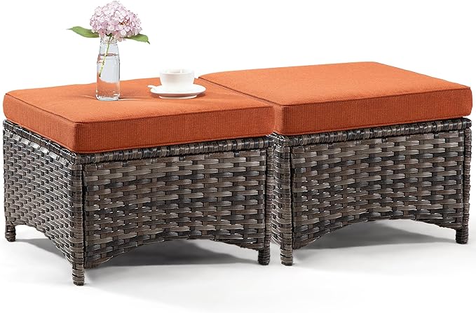 Outdoor Ottomans for Patio Set of 2 PE Wicker Steel Frame Outdoor Footstool