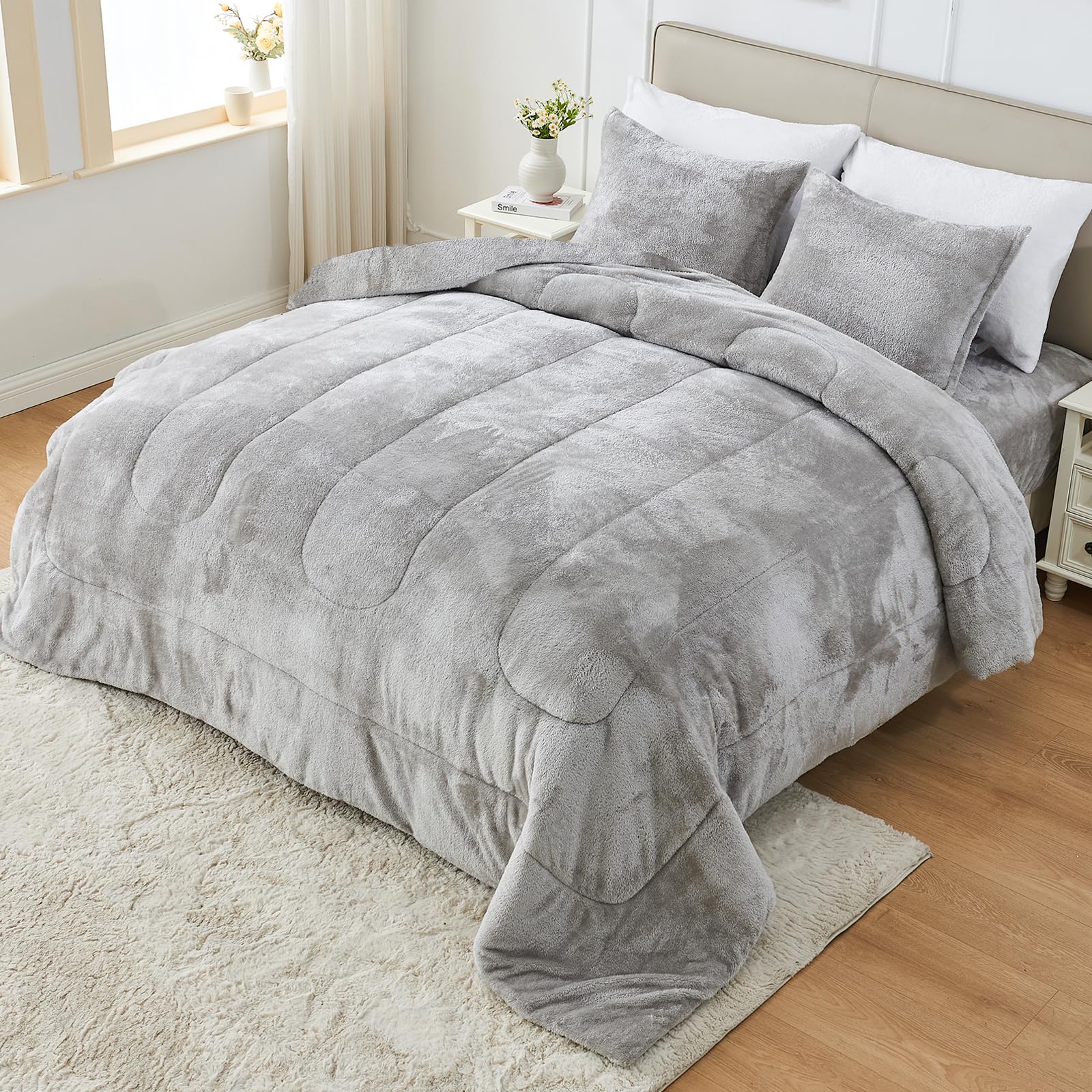 Faux Fur Comforter Set Queen Size, Luxury Ultra Soft Fuzzy Fleece Comforter