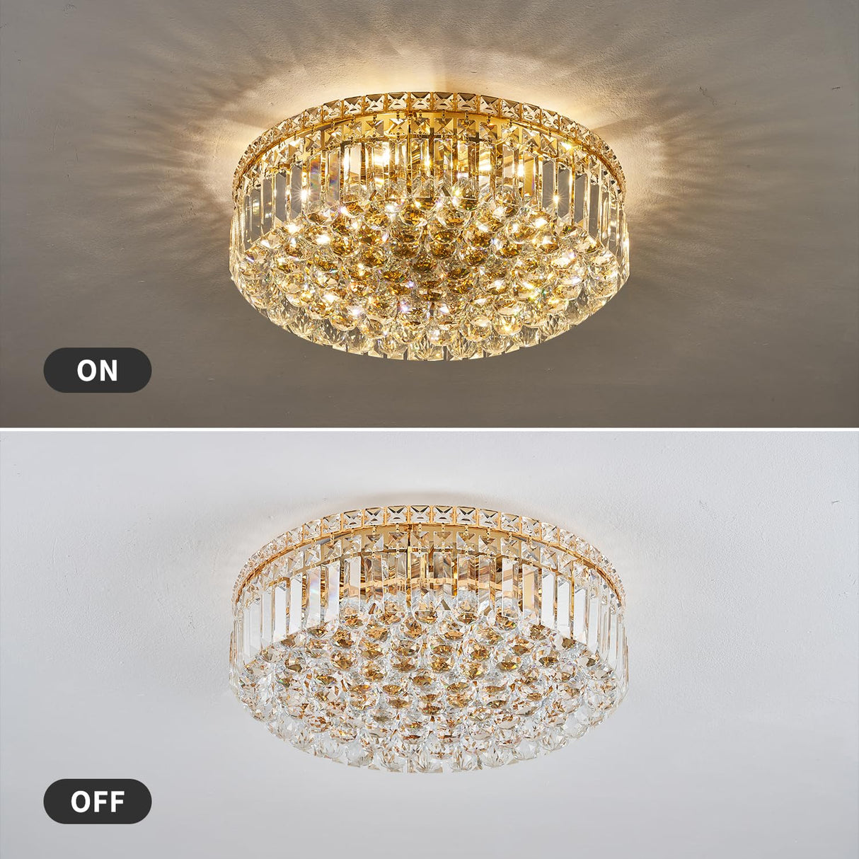 6-Lights Gold Crystal Flush Mount Chandelier Light Fixture K9 Crystals Modern Ceiling