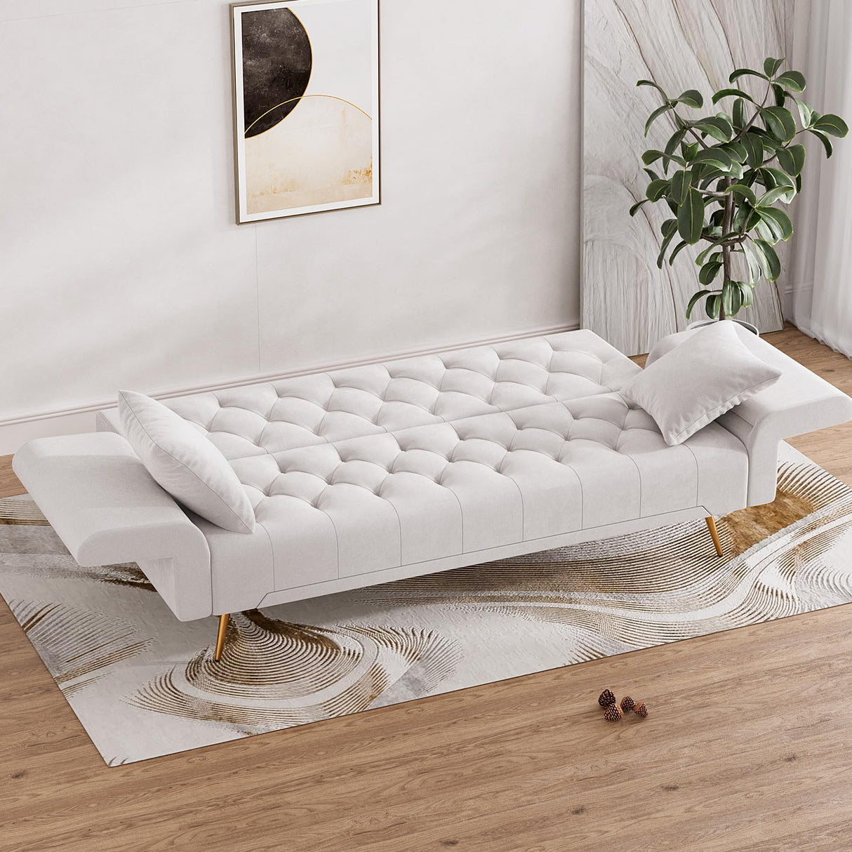 Modern Velvet Futon Sofa Bed, Small Couch, Loveseat, 71" Convertible Futon Sofa with Folding Armrests and 2 Pillows, Comfy Couch for Living Room, Bedroom, Beige