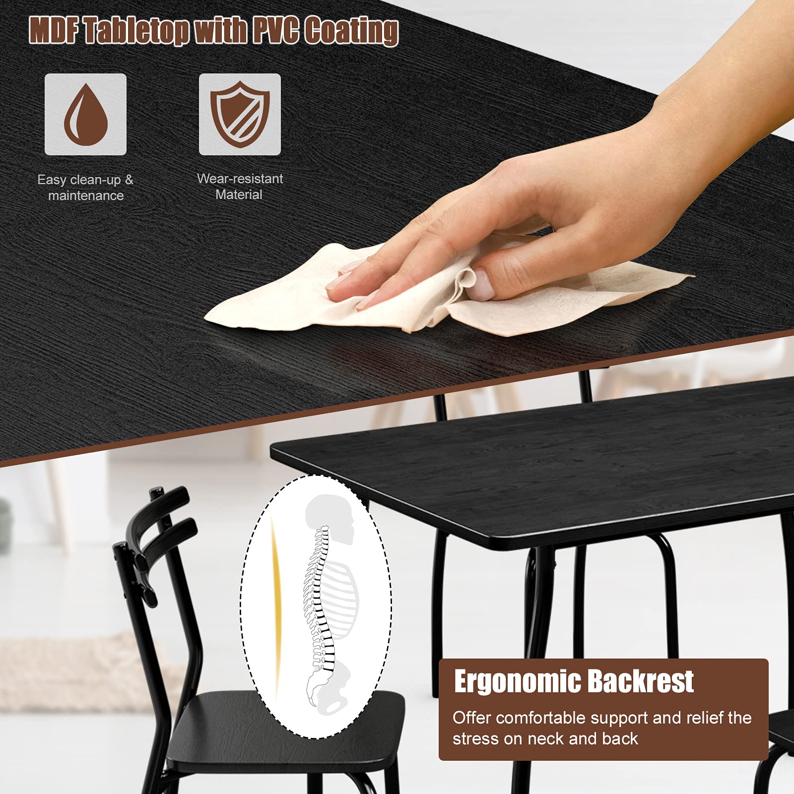 5Pcs Dining Table Set for 4, Modern Metal and Wood Indoor Rectangular Dining