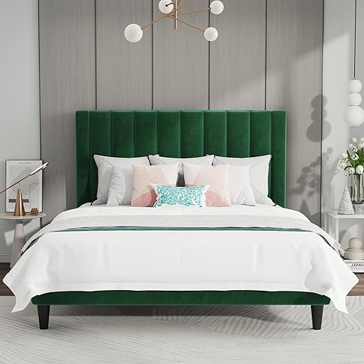 Queen Bed Frame/Velvet Upholstered Platform Bed Frame with Headboard/Strong Wood