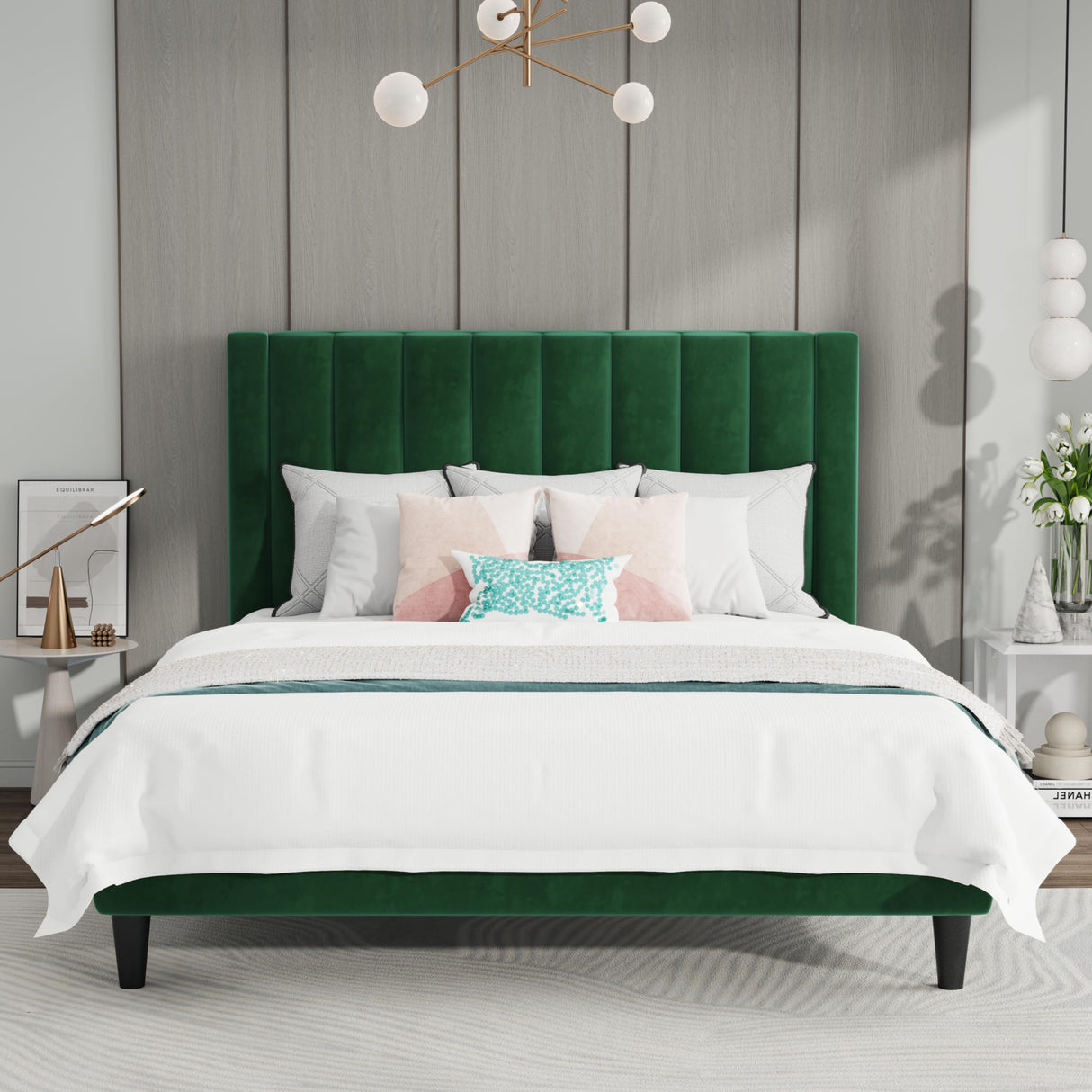 Queen Bed Frame/Velvet Upholstered Platform Bed Frame with Headboard/Strong Wood