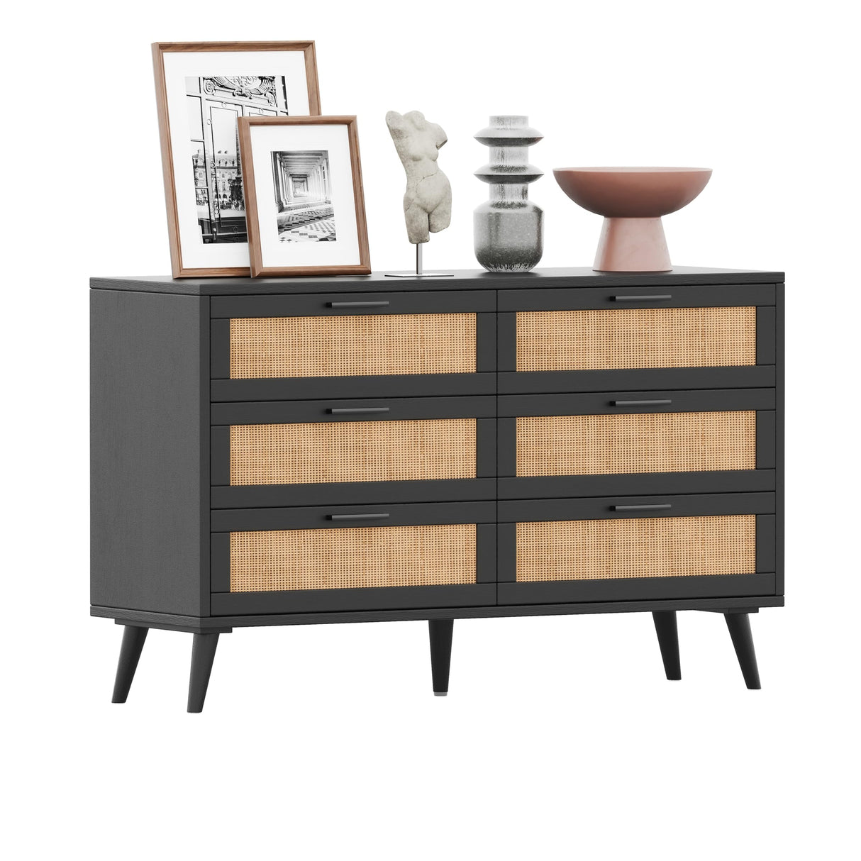 6 Drawer Double Dresser for Bedroom, Rattan Chest of Dressers, Modern Wooden Dresser Chest with Golden