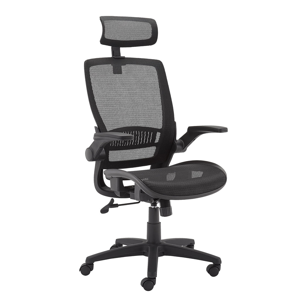 Ergonomic Adjustable High-Back Chair with Comfortable Flip-Up Armrests, Contoured Mesh Seat, Swivel - Black, 25.5"D x 26.25"W x 49.25"H