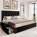 Queen Bed Frame with 4 Storage Drawers,Linen Upholstered Platform Bed Frame