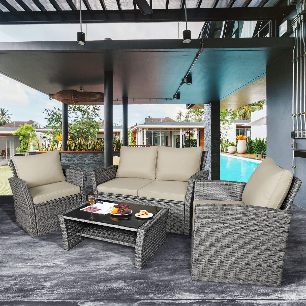 4 Pieces Patio Furniture Set, All Weather Outdoor Sectional Rattan Sofa Set