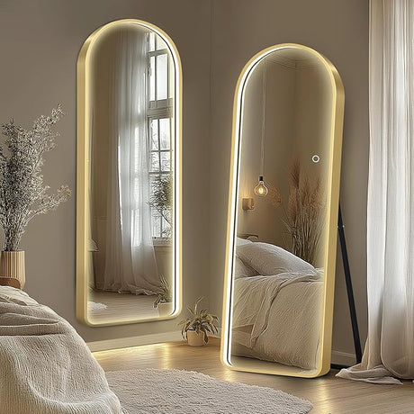 Full Length Mirror with LED Lights, 64"x20"Floor Mirror with Stand Wall Mounted Hanging Mirror with Lights Free Standing Floor Mirror for Bedroom， Dressing Room, Rectangle&Gold