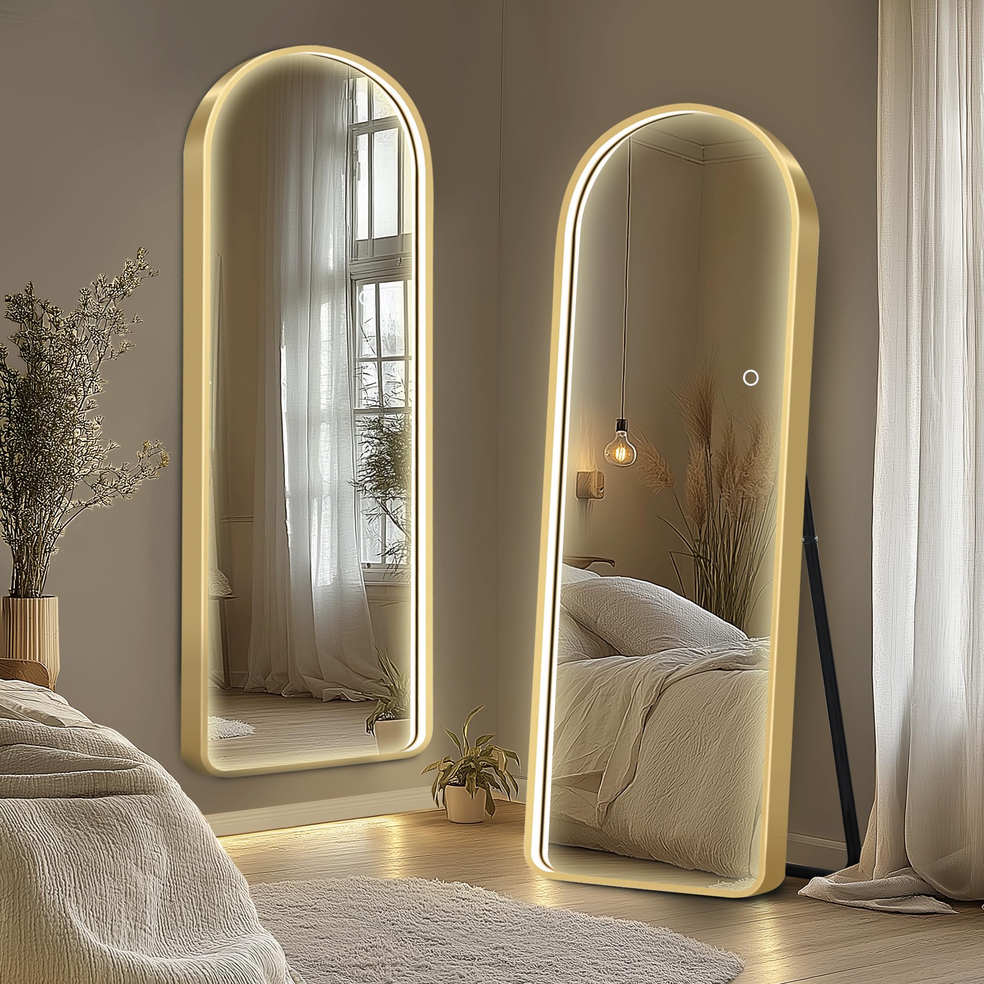sogesfurniture Full Length Mirror with LED Lights, 64"x20"Floor Mirror with Stand Wall Mounted Hanging Mirror with Lights Free Standing Floor Mirror for Bedroom,Dressing Room, Arched&Glod