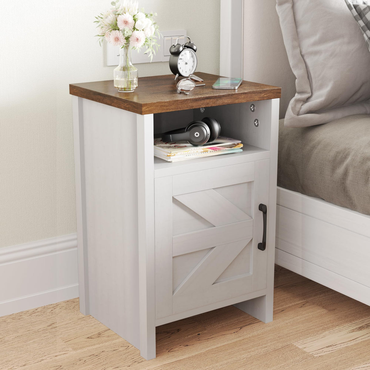 Nightstand, Modern Bedside Table with Barn Door and Shelf, Rustic End Table Side Table