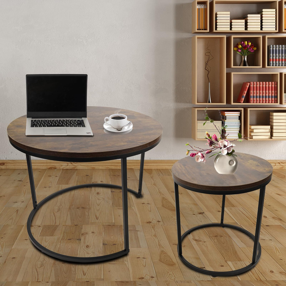 Round Coffee Table Set of 2, Nesting Stackable Coffee Tables Wood Top