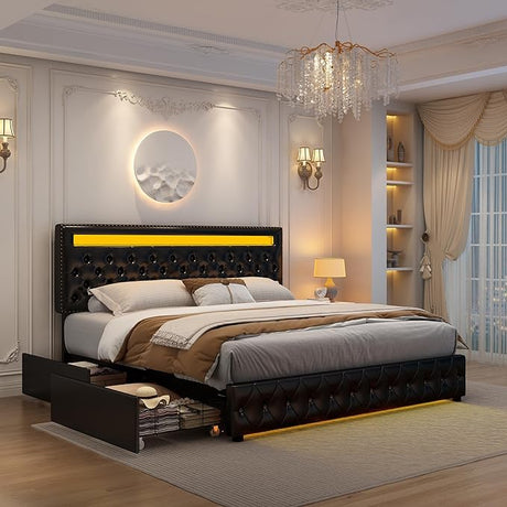 Queen Led Bed Frame with 4 Storage Drawers, with Smart Control RGBW LED Lights Headboard Footboard,