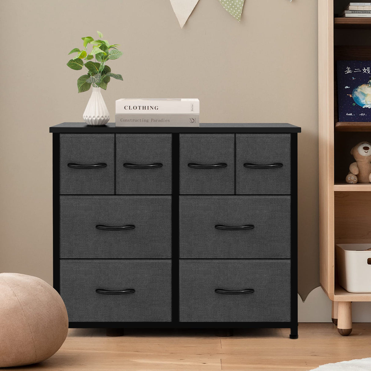 Concept Bedroom, Wide Fabric Dresser for Storage and Organization, Grey (8-Drawers)